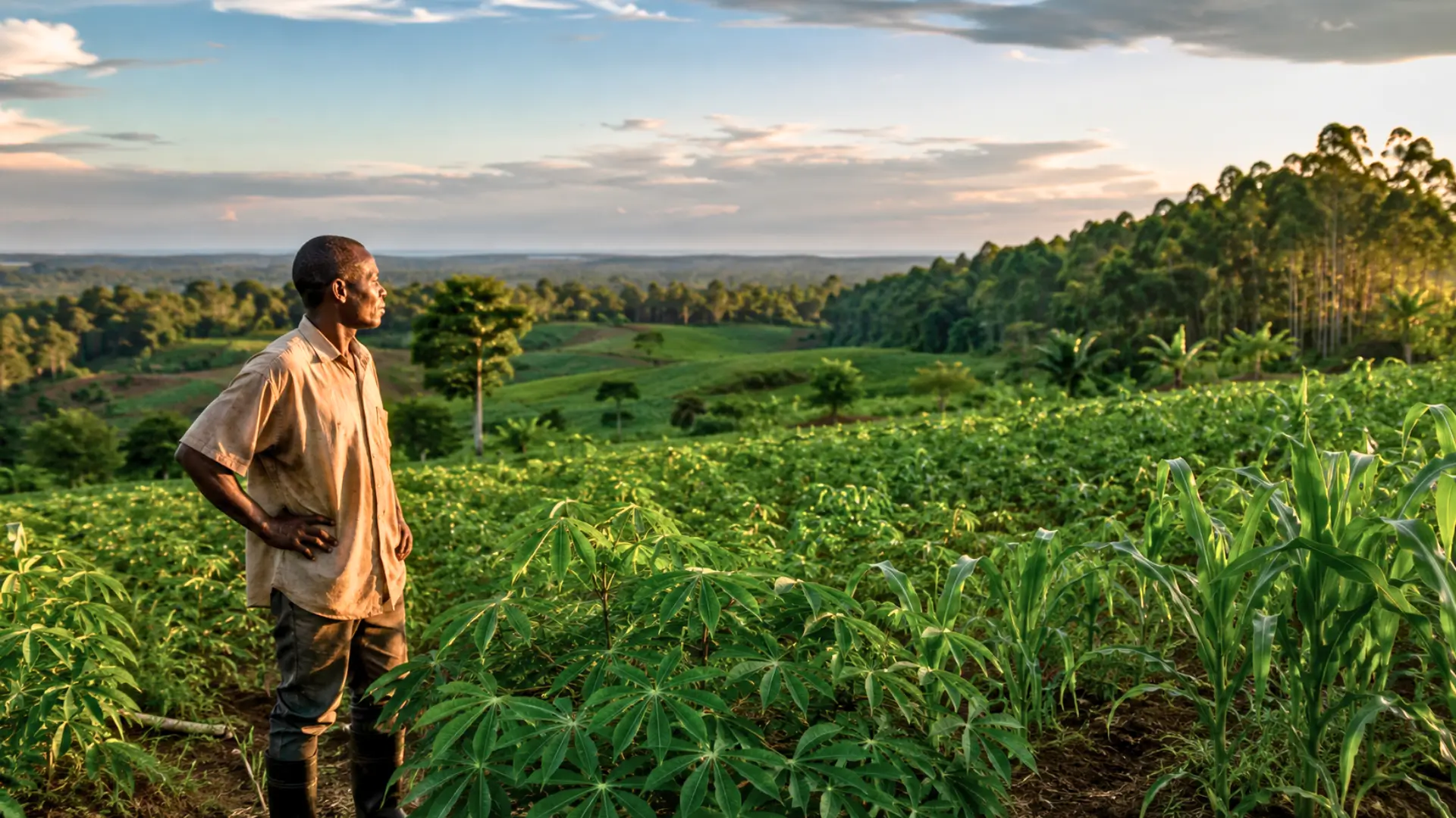 Agriculteur congolais debout dans un champ fertile de manioc et de maïs, face à une vaste forêt tropicale au coucher du soleil.