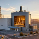 Installation nucléaire expérimentale isolée dans un désert avec structures métalliques et montagnes lointaines.