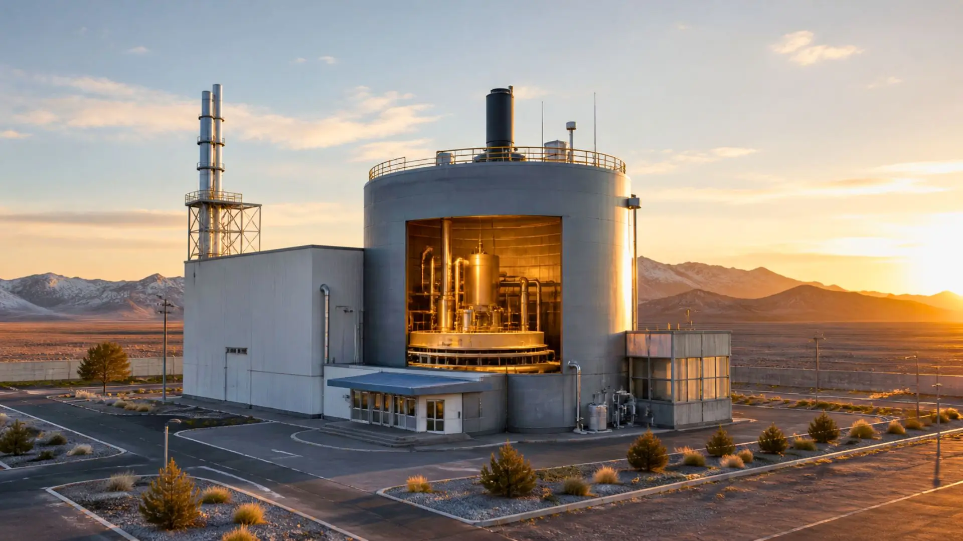 Installation nucléaire expérimentale isolée dans un désert avec structures métalliques et montagnes lointaines.