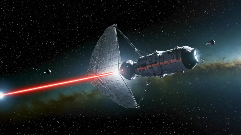 Vaisseau spatial équipé d’une voile propulsé par un faisceau lumineux dans l’espace