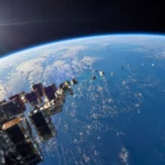 Satellites de communication se séparant au-dessus de la Terre bleue en orbite basse.