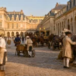 Serviteurs et chevaux dans une cour de service inspirée du Versailles royal.