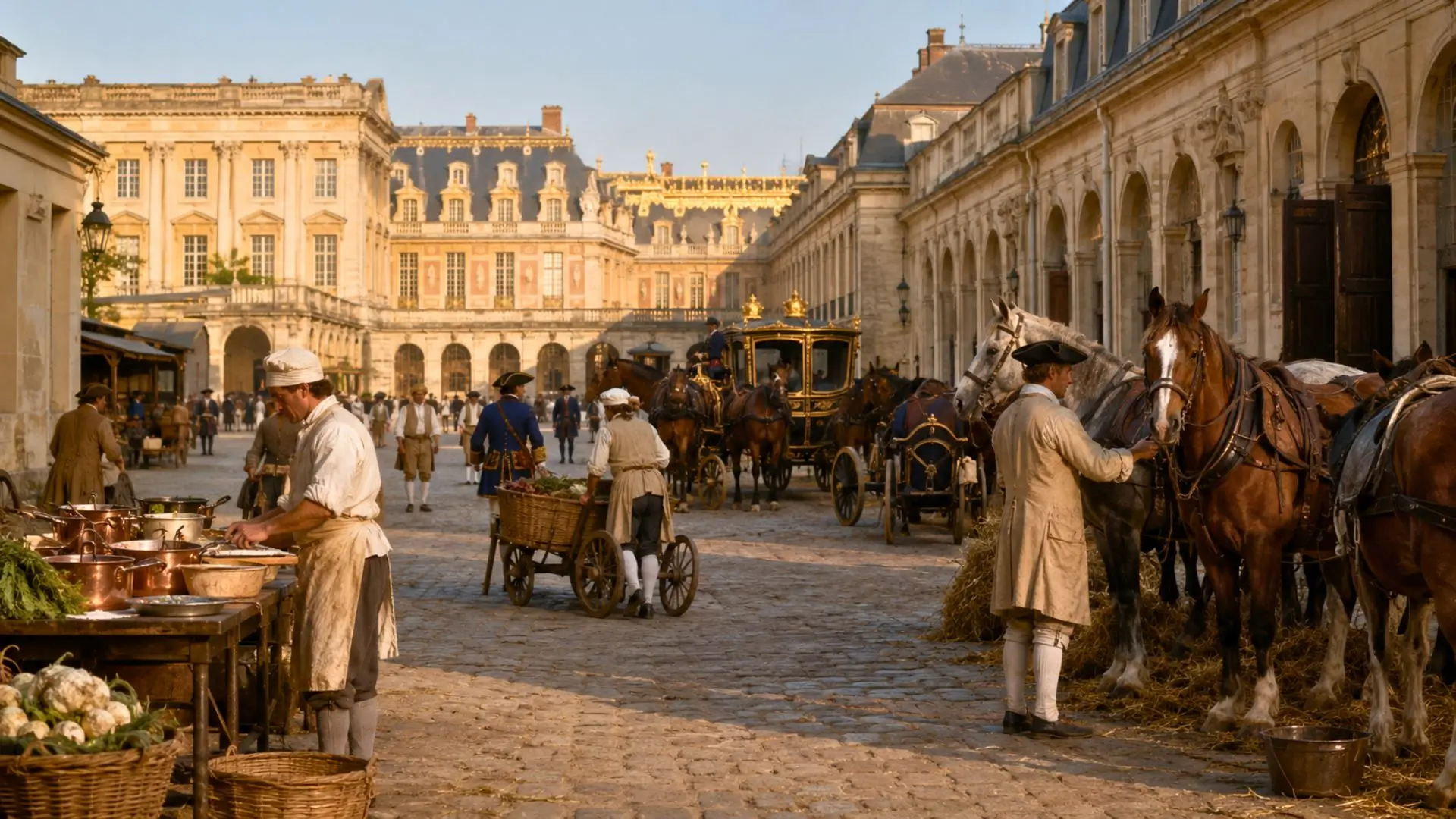 Serviteurs et chevaux dans une cour de service inspirée du Versailles royal.
