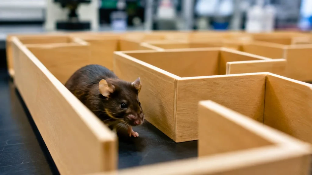 Souris de laboratoire dans un labyrinthe en bois pour test de mémoire spatiale.