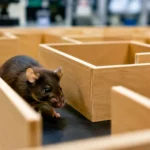 Souris de laboratoire dans un labyrinthe en bois pour test de mémoire spatiale.