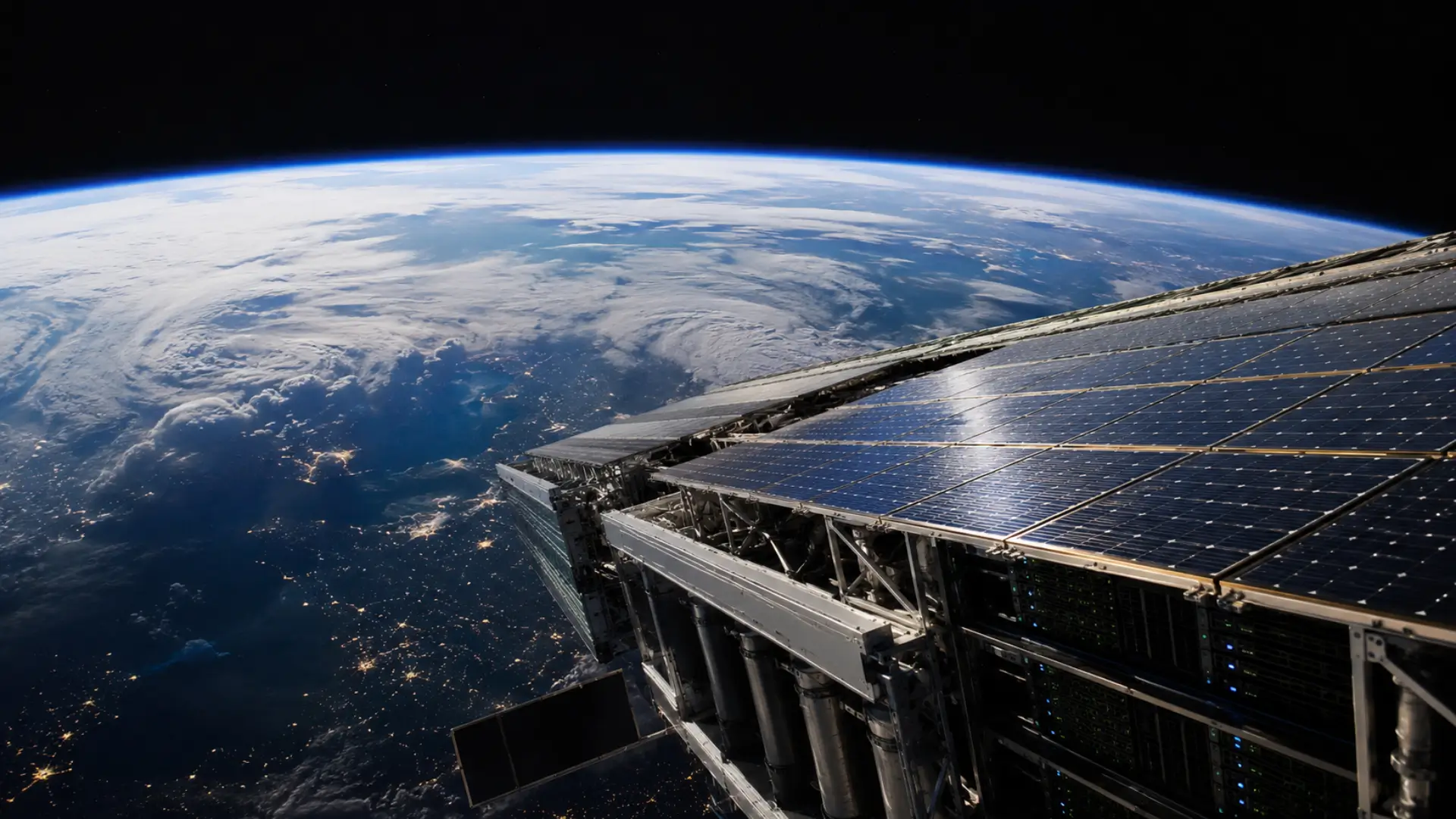 Centre de données spatial de SpaceX en orbite autour de la Terre avec panneaux solaires alimentant des serveurs dédiés à l’intelligence artificielle