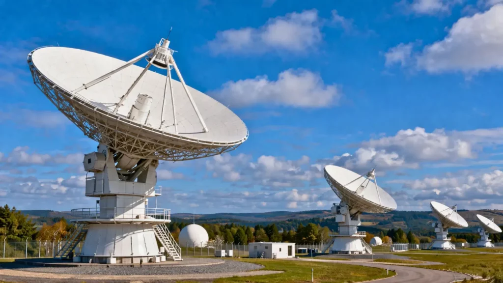 Stations sol satellitaires avec grandes antennes paraboliques dans un site sécurisé européen.