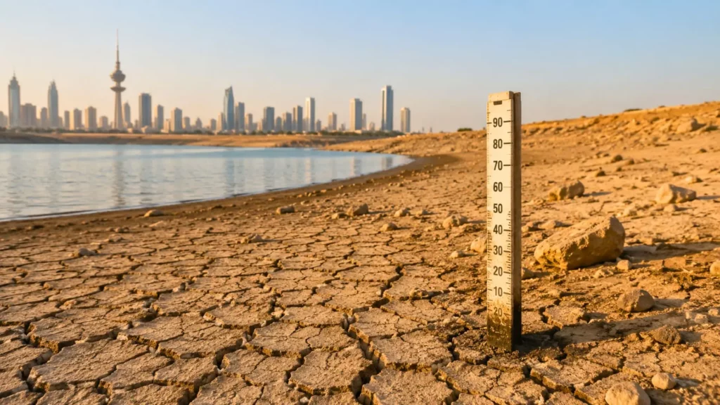 Rive asséchée d’un réservoir près d’une ville en climat aride.