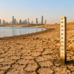Rive asséchée d’un réservoir près d’une ville en climat aride.