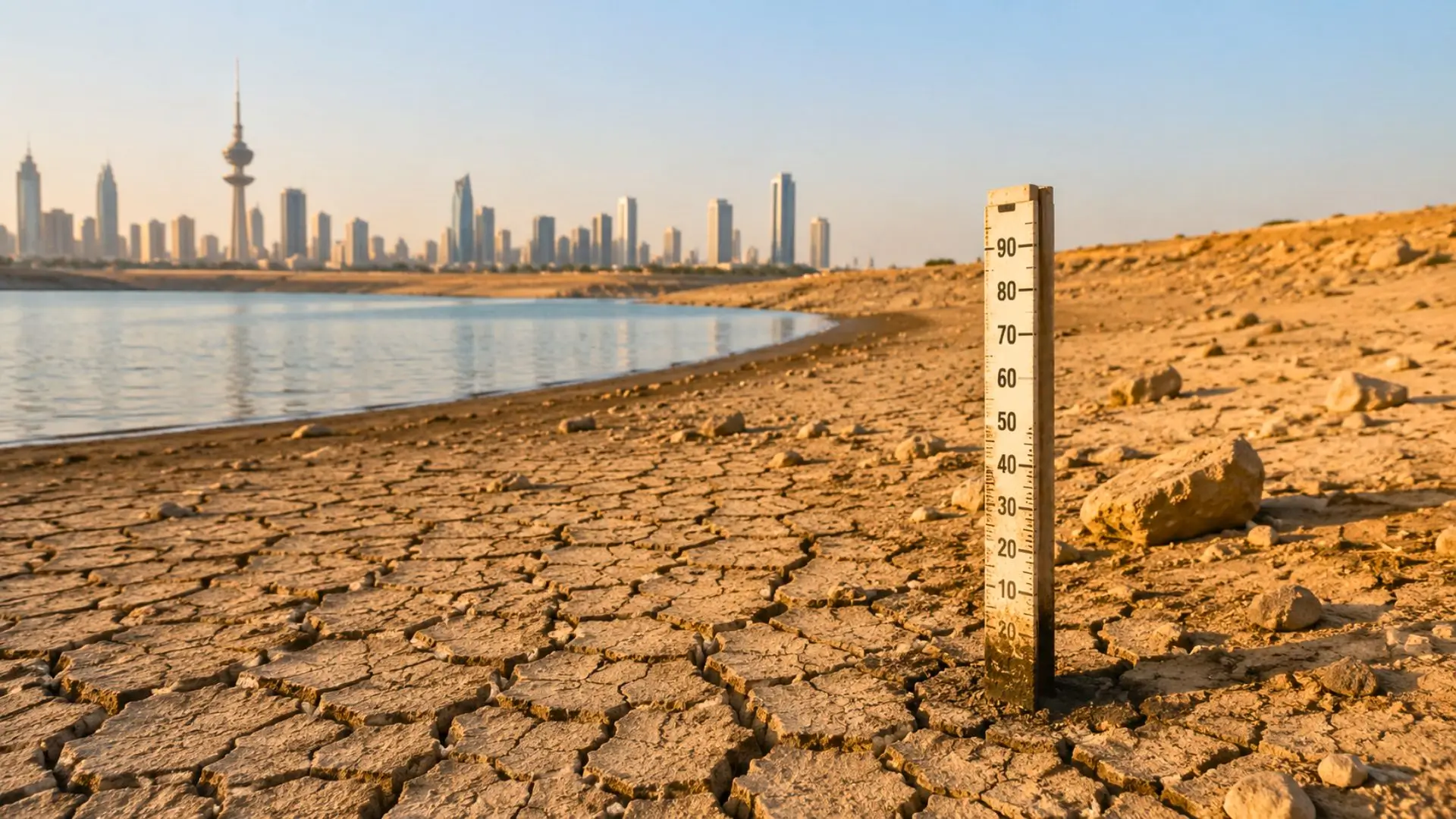 Rive asséchée d’un réservoir près d’une ville en climat aride.