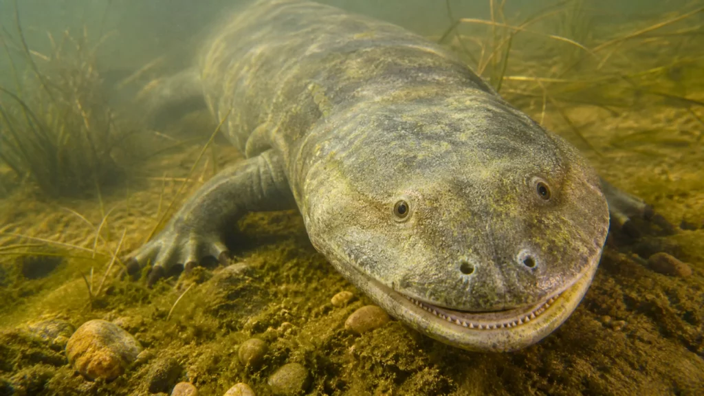 Un grand tétrapode aquatique préhistorique repose sur un fond de lac verdâtre, la mâchoire entrouverte dans une eau peu profonde.