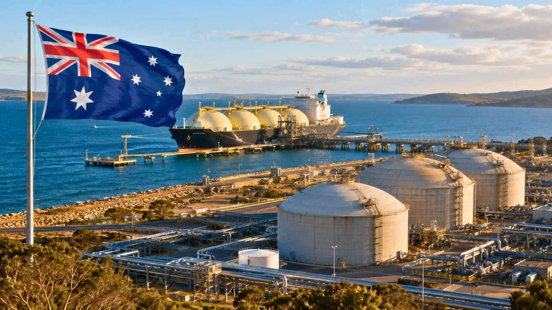 Terminal de GNL australien avec réservoirs, méthanier et infrastructures côtières