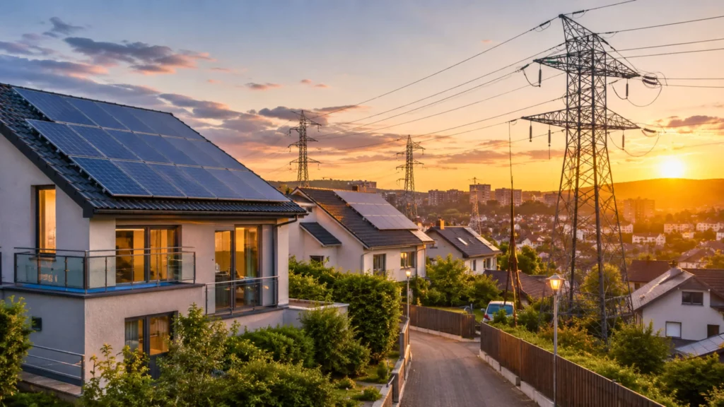 Maisons équipées de panneaux solaires près de lignes électriques au coucher du soleil.