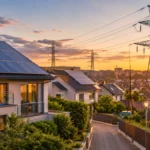 Maisons équipées de panneaux solaires près de lignes électriques au coucher du soleil.