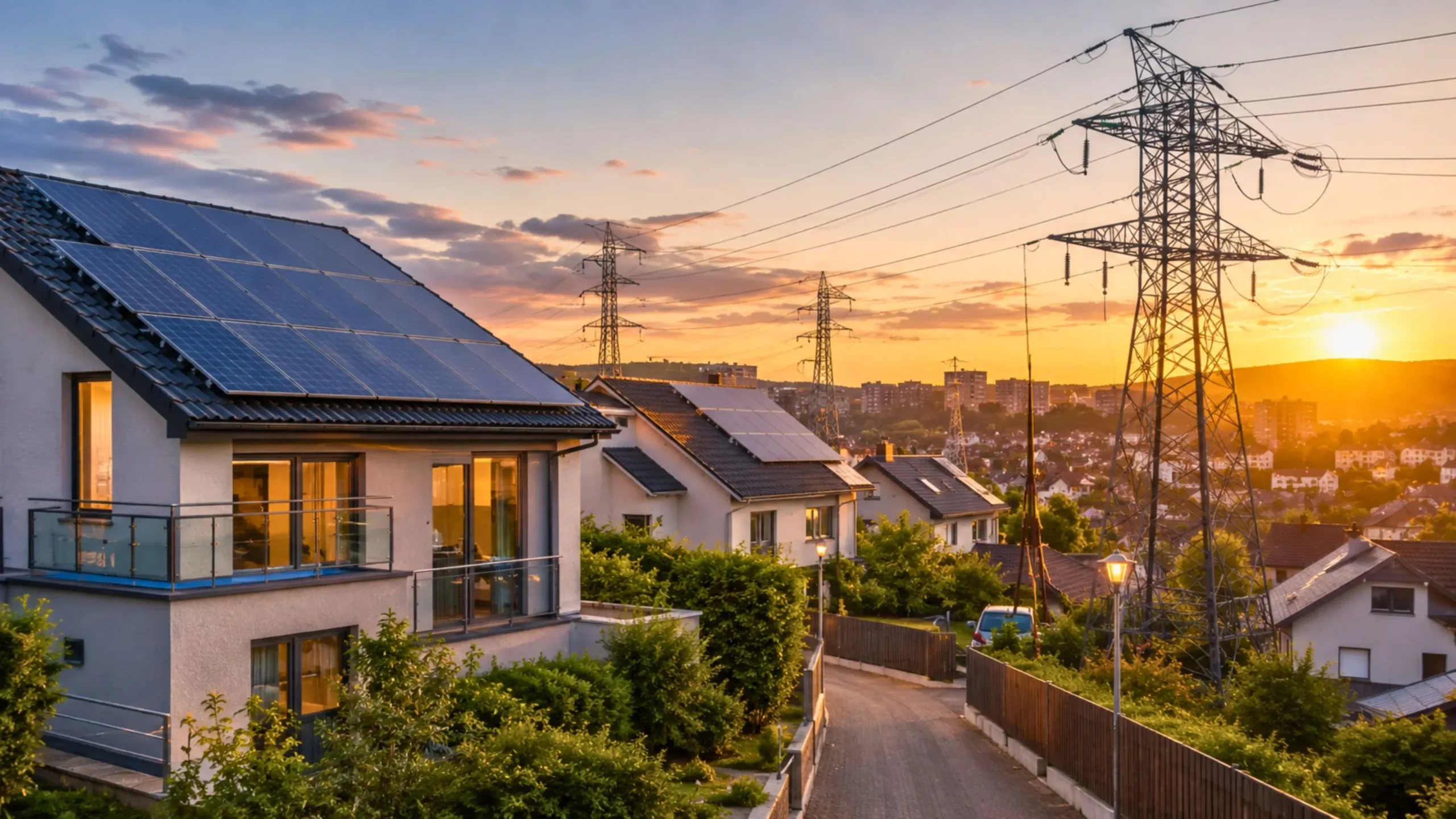 Maisons équipées de panneaux solaires près de lignes électriques au coucher du soleil.
