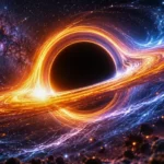 Trou noir entouré d’un disque d’accrétion lumineux dans un champ d’étoiles.