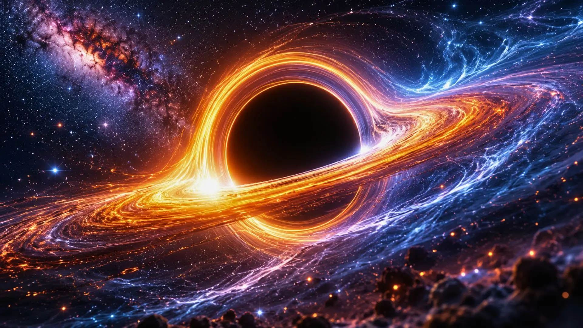 Trou noir entouré d’un disque d’accrétion lumineux dans un champ d’étoiles.