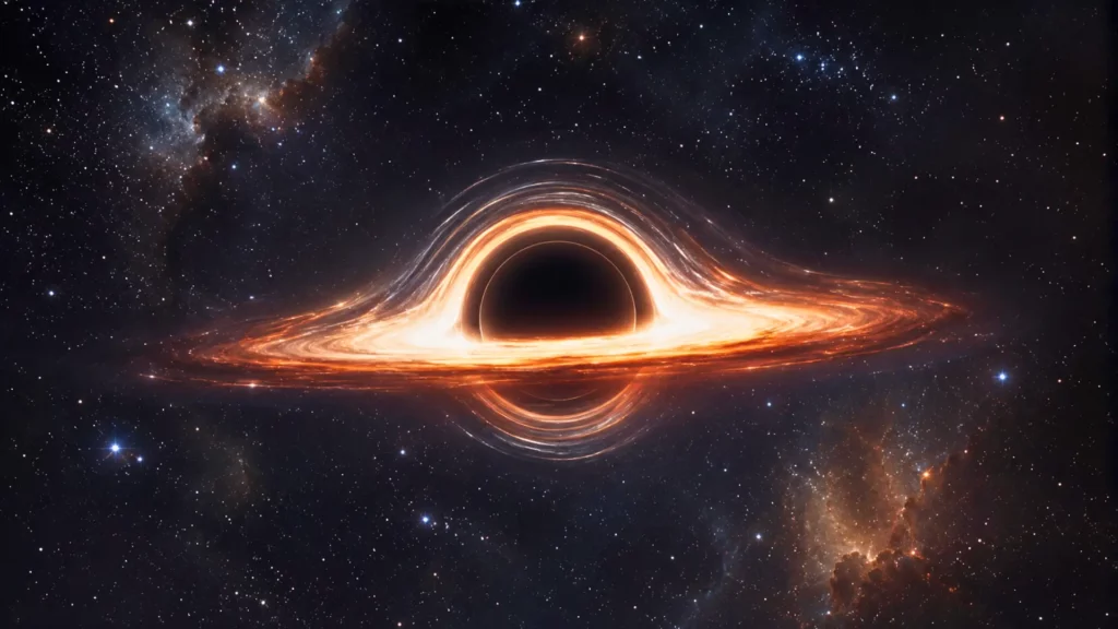 Trou noir réaliste entouré d’un disque d’accrétion lumineux dans un champ d’étoiles, illustrant une théorie sur l’absence possible de singularité.