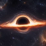 Trou noir réaliste entouré d’un disque d’accrétion lumineux dans un champ d’étoiles, illustrant une théorie sur l’absence possible de singularité.