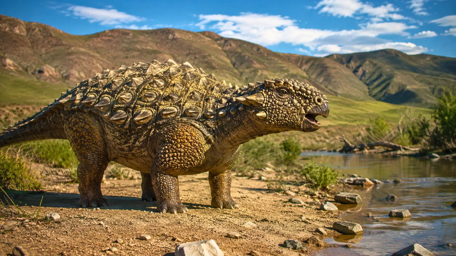 Pinacosaurus cuirassé au bord d’une rivière dans un paysage crétacé, la bouche entrouverte comme s’il émettait un appel.