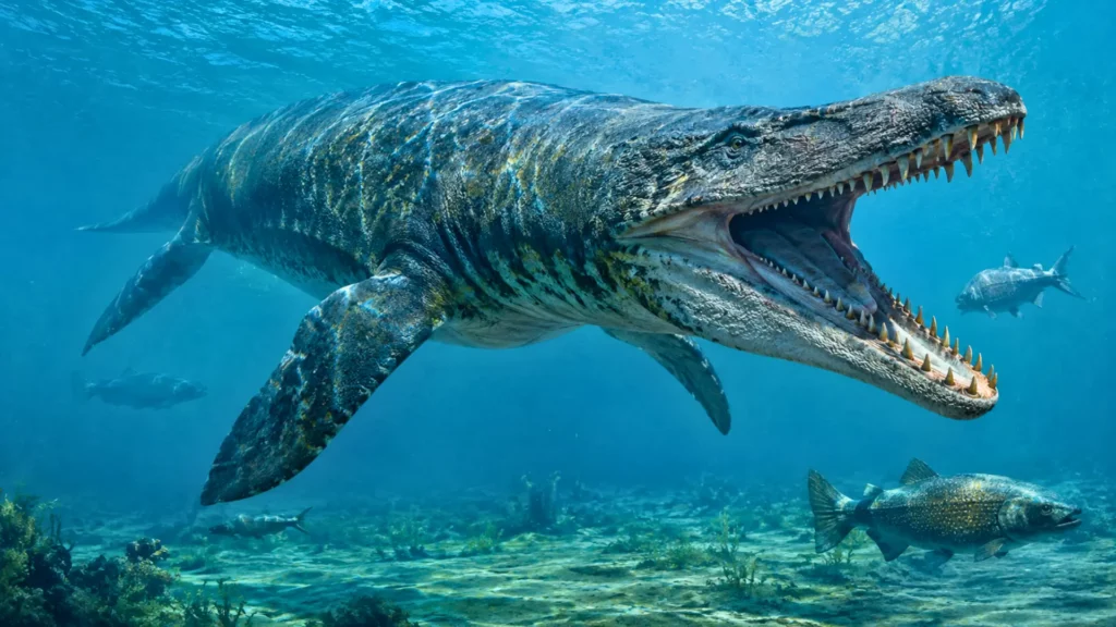 Reconstitution réaliste d’un Tylosaurus rex, mosasaure géant du Crétacé, nageant dans les anciennes mers du Texas avec ses mâchoires ouvertes.