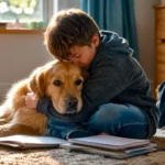 Un jeune garçon enlace tendrement son chien golden retriever dans un salon chaleureux après l’école