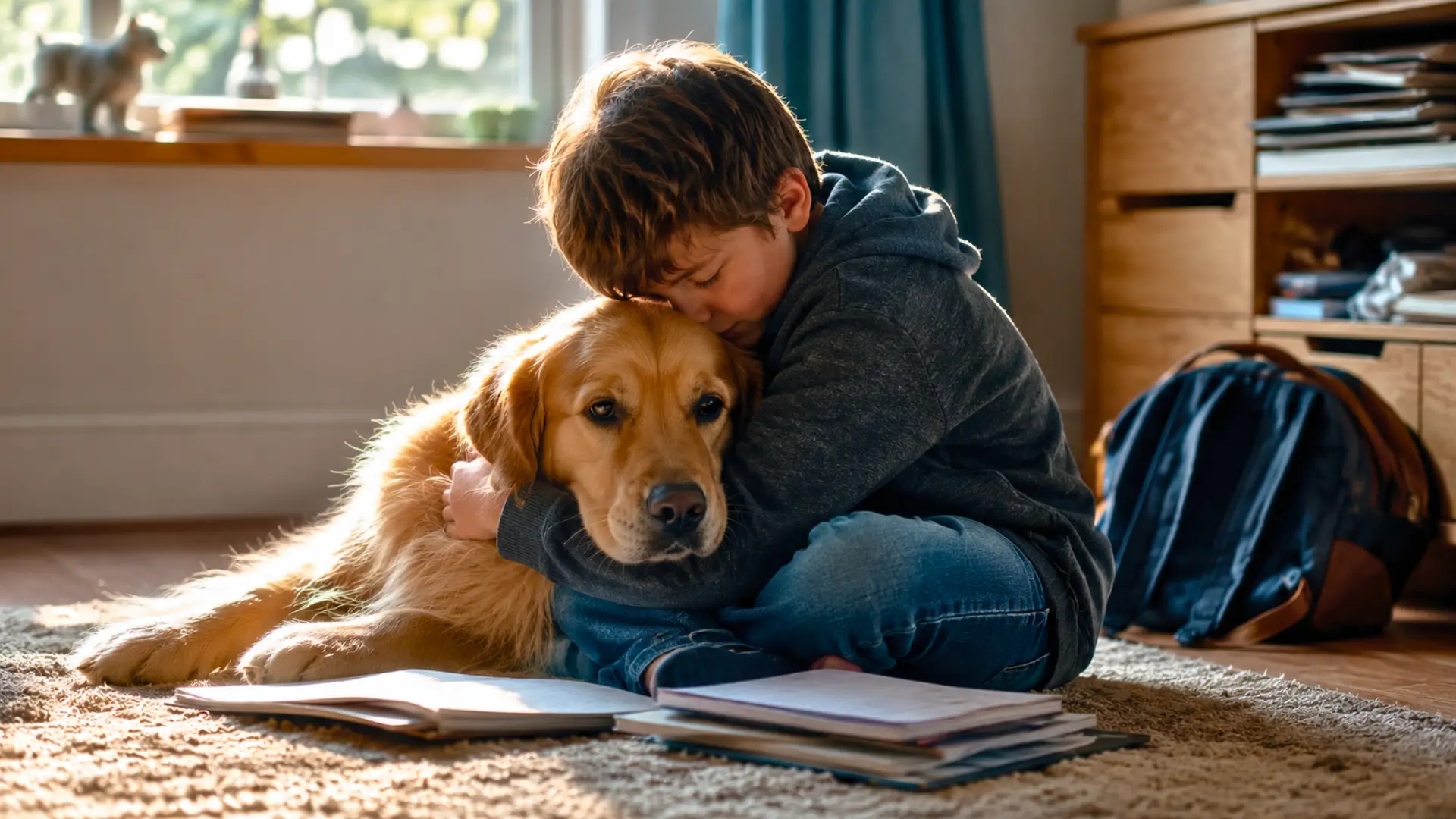 Un jeune garçon enlace tendrement son chien golden retriever dans un salon chaleureux après l’école