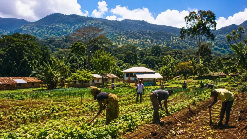 Agriculteurs travaillant dans des champs cultivés près d’un village rural, avec une forêt tropicale préservée et des montagnes en arrière-plan.