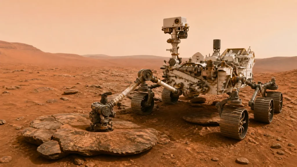 Rover Curiosity immobile sur la surface de Mars dans le cratère Gale, entouré d’un paysage rocheux et poussiéreux sous un ciel orangé