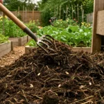 Fourche retournant un tas de compost dans un potager avec quelques petites larves blanches visibles dans la matière organique.