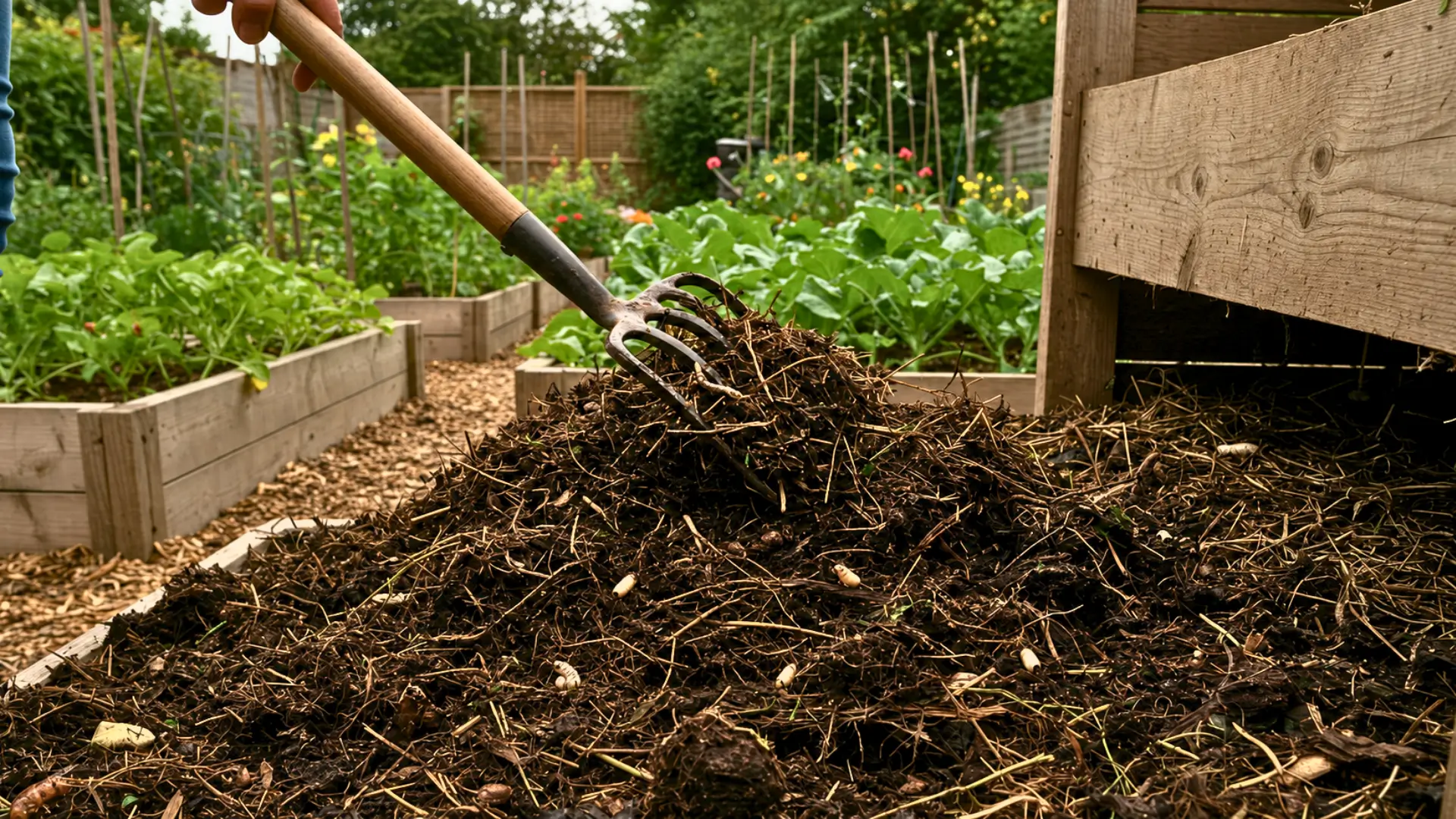 Fourche retournant un tas de compost dans un potager avec quelques petites larves blanches visibles dans la matière organique.