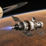 Vaisseau spatial réaliste en approche de Titan avec Saturne et ses anneaux visibles en arrière-plan.