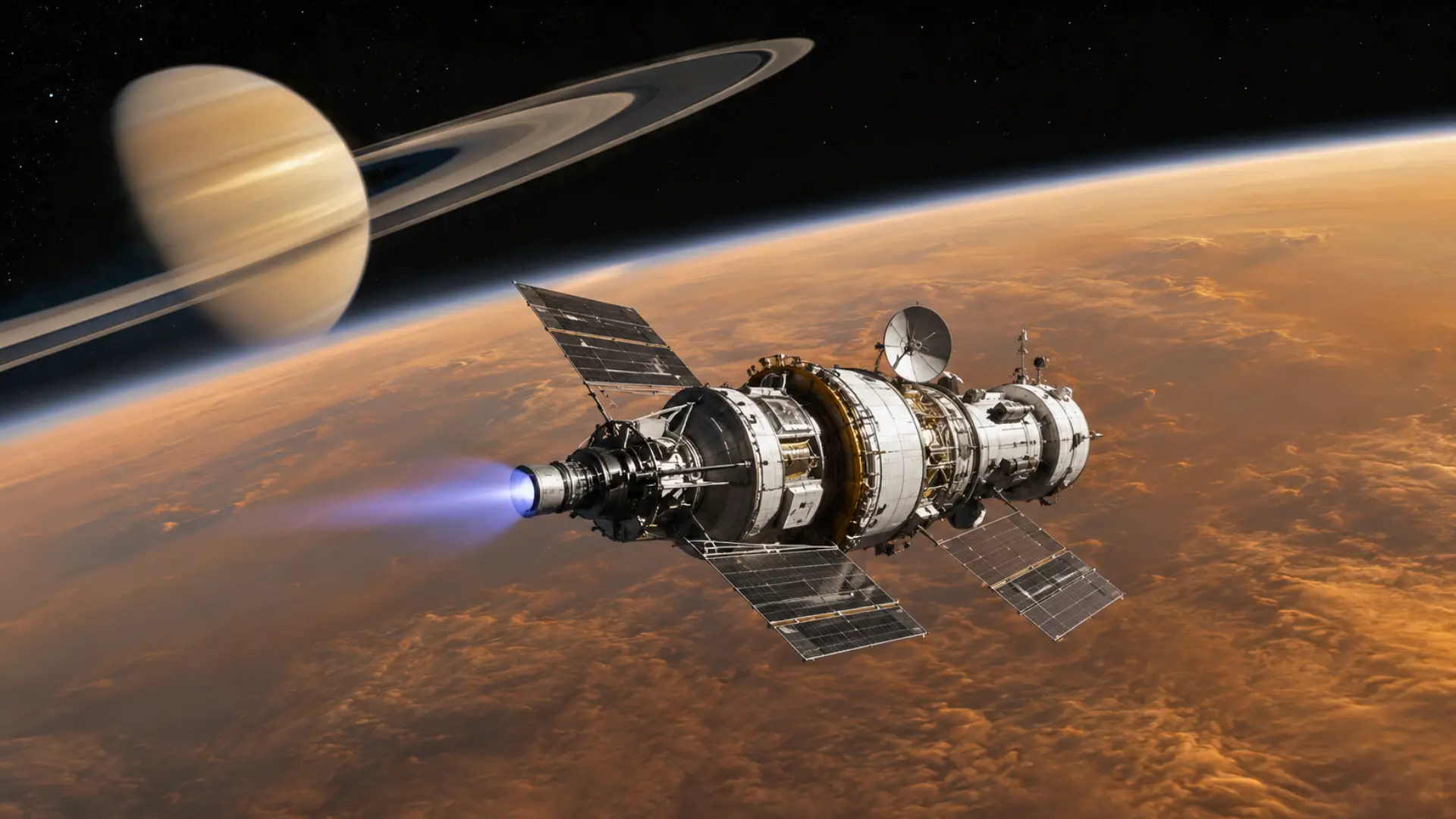 Vaisseau spatial réaliste en approche de Titan avec Saturne et ses anneaux visibles en arrière-plan.