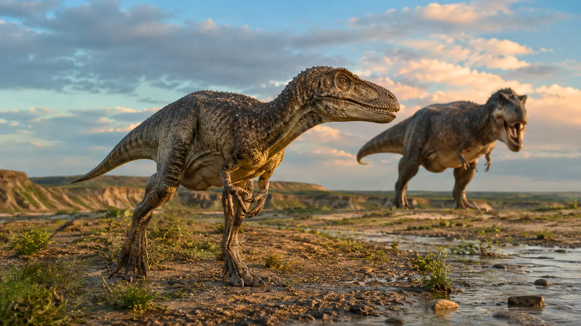 Nanotyrannus adulte marchant au premier plan avec un Tyrannosaurus rex en arrière-plan dans la formation Hell Creek