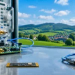 Puce électronique miniature posée à plat sur une table de laboratoire, avec équipements de test et antenne télécom en zone rurale en arrière-plan.
