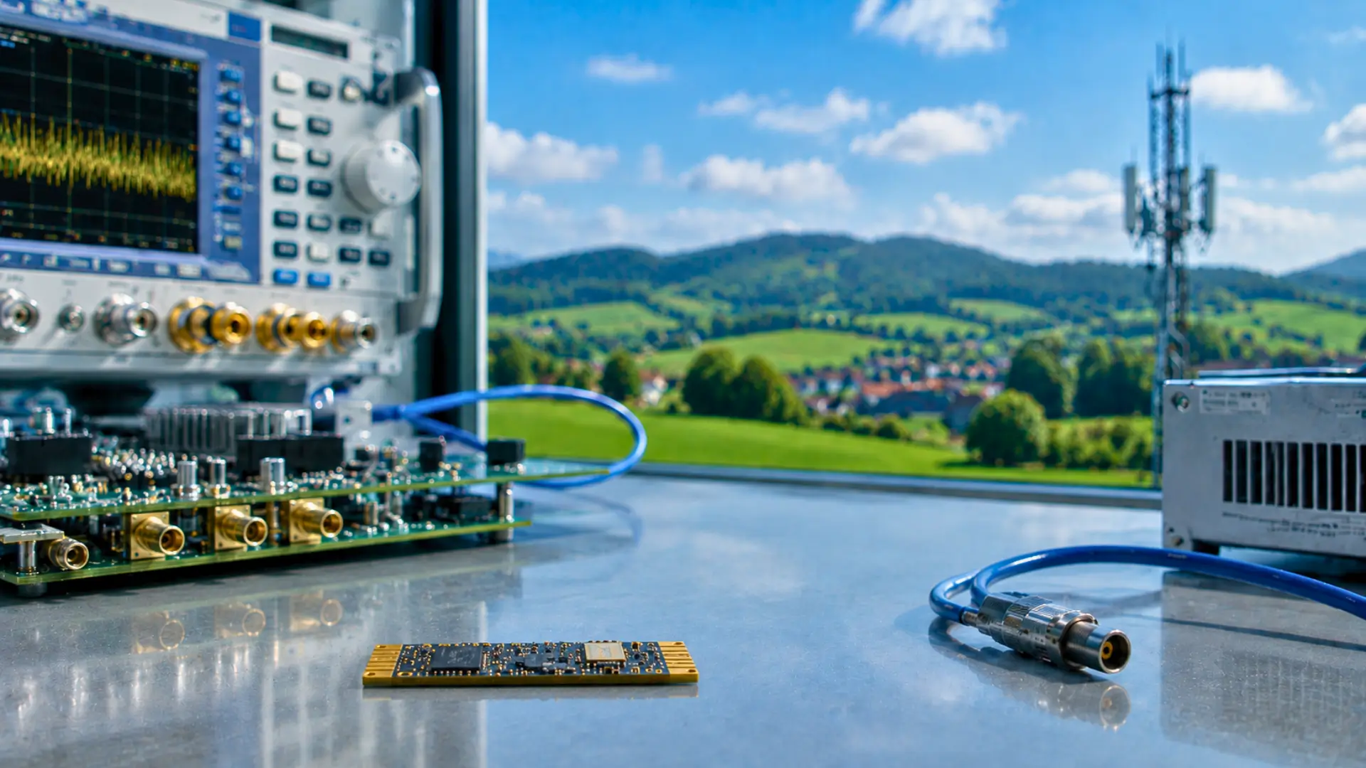 Puce électronique miniature posée à plat sur une table de laboratoire, avec équipements de test et antenne télécom en zone rurale en arrière-plan.