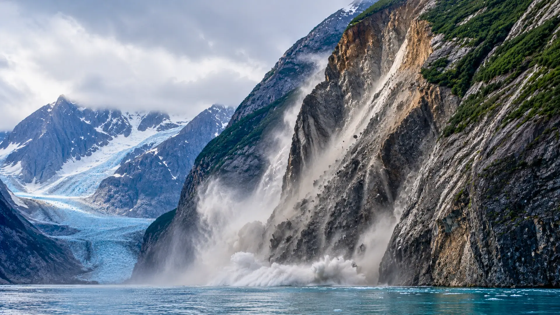 Énorme glissement de terrain dans le fjord de Barry Arm en Alaska provoquant un méga-tsunami au pied des montagnes glacées