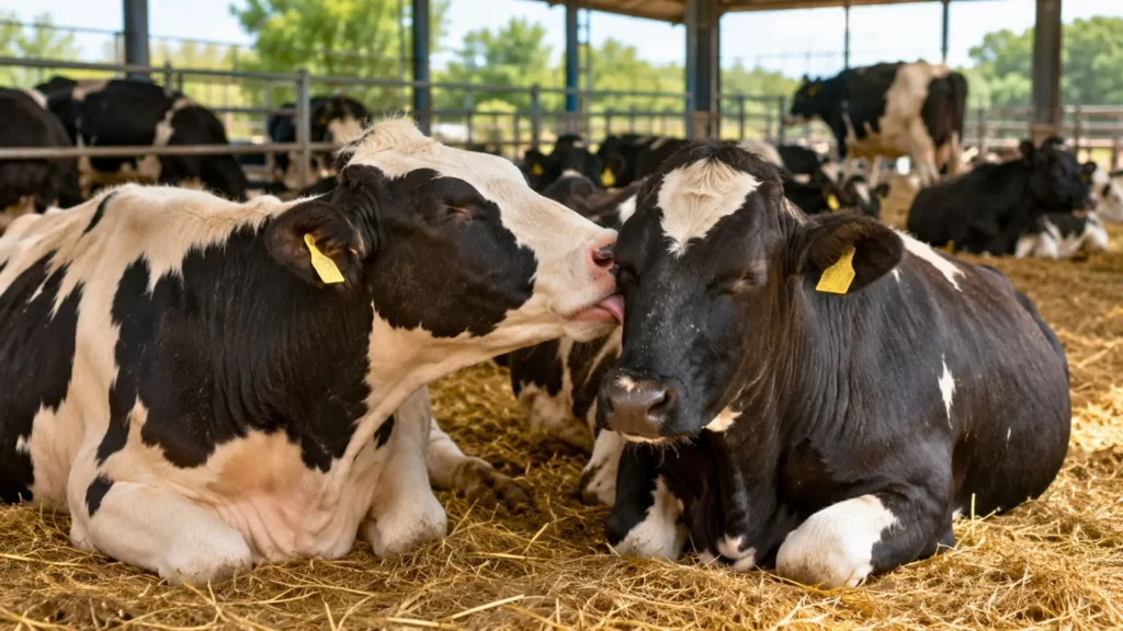 Deux vaches Holstein couchées se toilettent calmement dans une stabulation laitière.