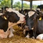 Deux vaches Holstein couchées se toilettent calmement dans une stabulation laitière.