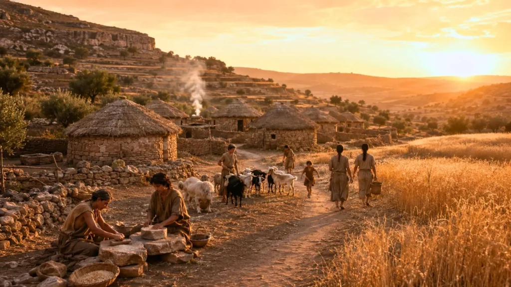 Village néolithique au coucher du soleil, avec habitants, chèvres, huttes en pierre et champs de blé dorés.