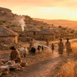 Village néolithique au coucher du soleil, avec habitants, chèvres, huttes en pierre et champs de blé dorés.