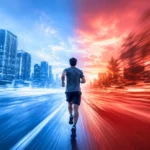 Coureur de dos sur route urbaine avec distorsions lumineuses bleues et rouges.