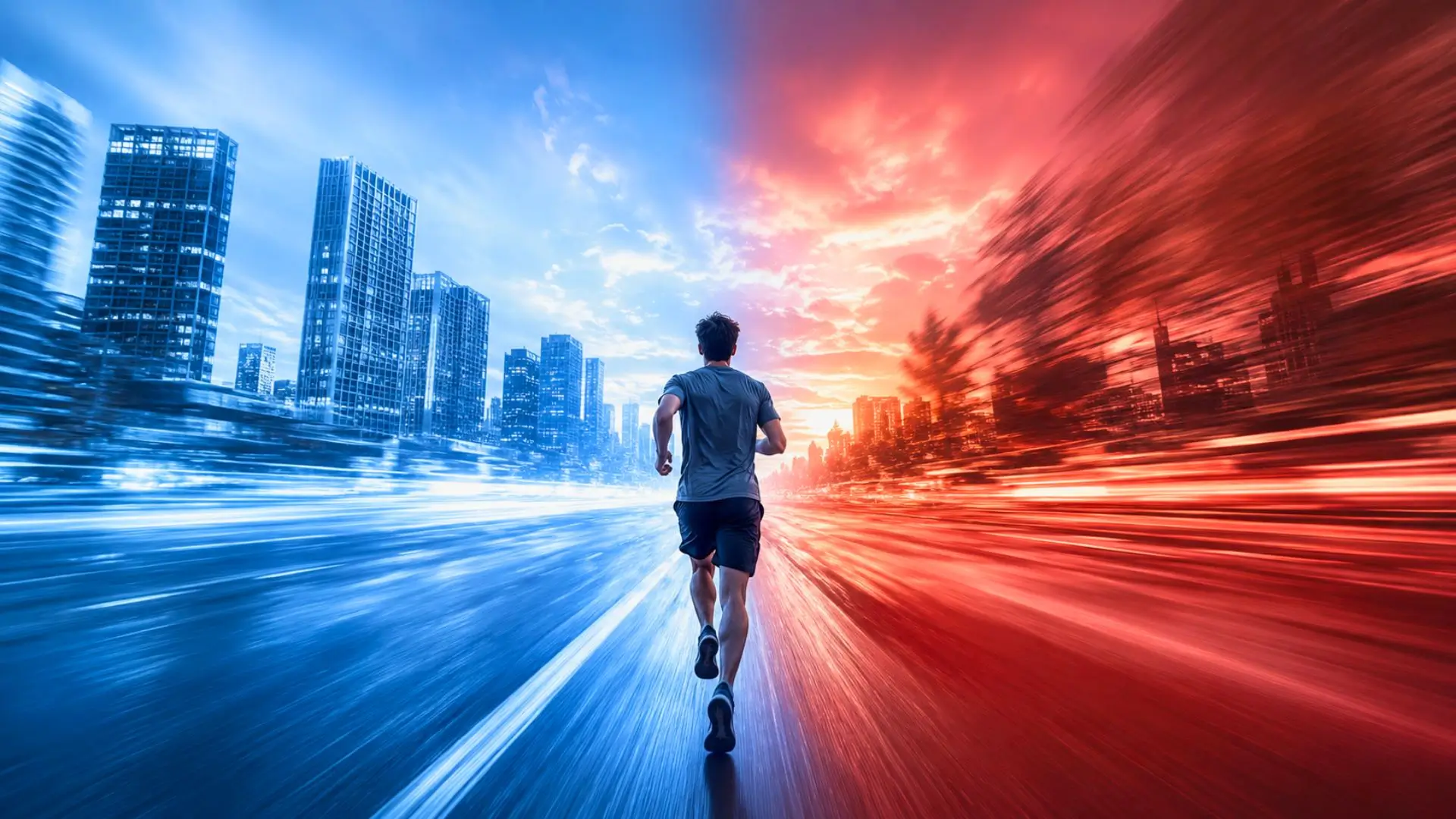 Coureur de dos sur route urbaine avec distorsions lumineuses bleues et rouges.