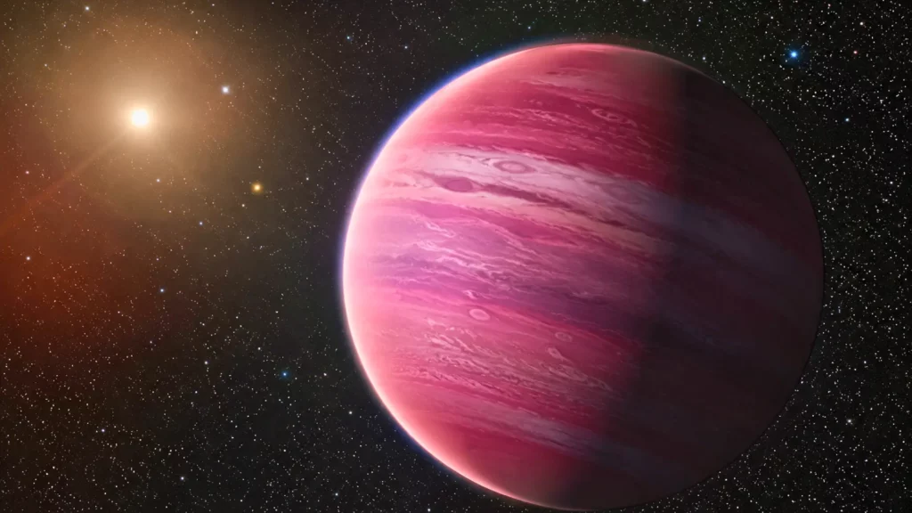 Exoplanète rose GJ504b flottant dans l’espace près d’une étoile brillante, avec des bandes nuageuses visibles dans son atmosphère.