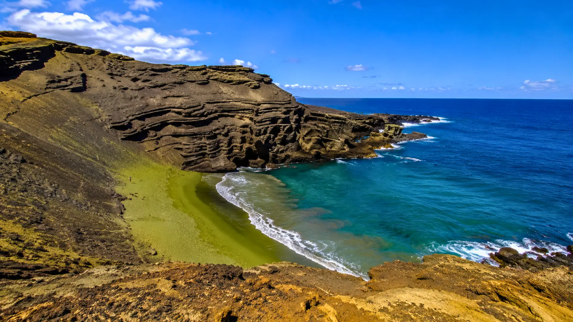 Randonneurs descendant vers la plage de sable vert Papakōlea à Hawaï, bordée de falaises volcaniques et d’une eau turquoise.