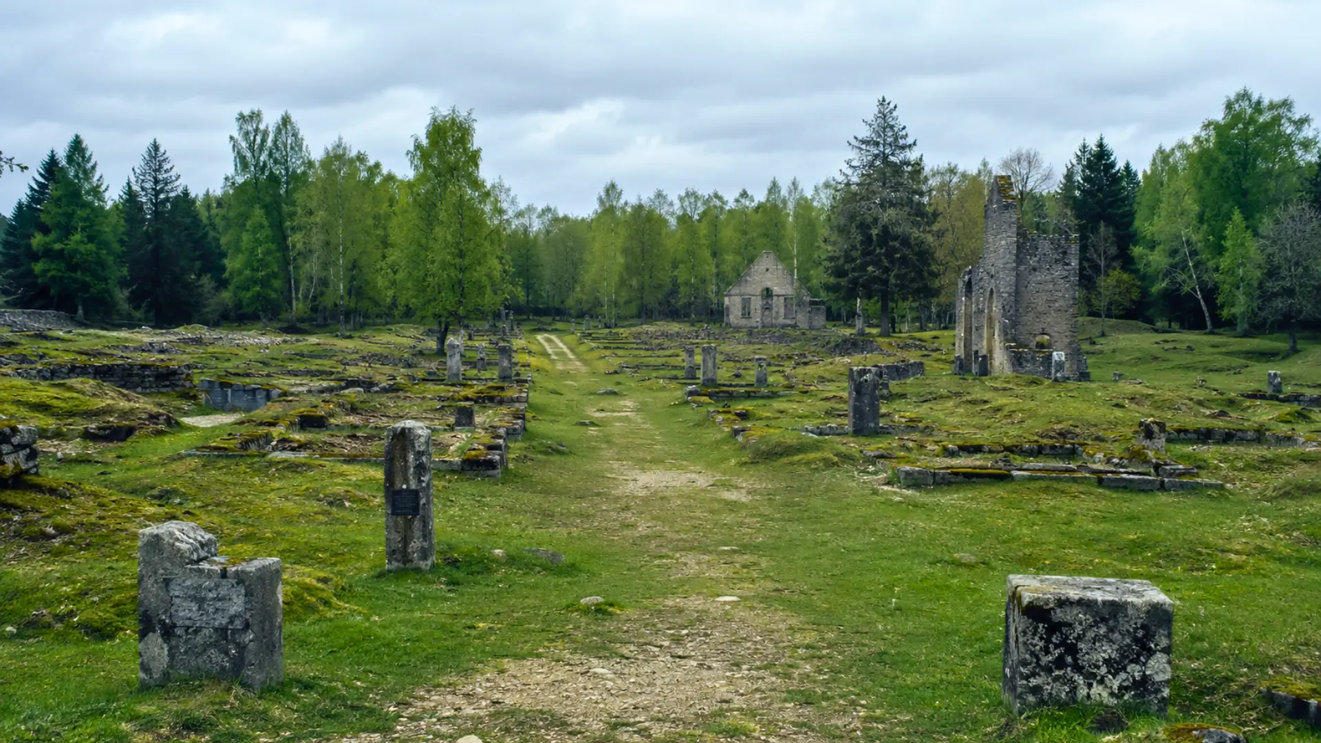 Vue réaliste d’un village déserté près de Verdun, avec des ruines en pierre, un chemin central et une forêt sous un ciel gris.