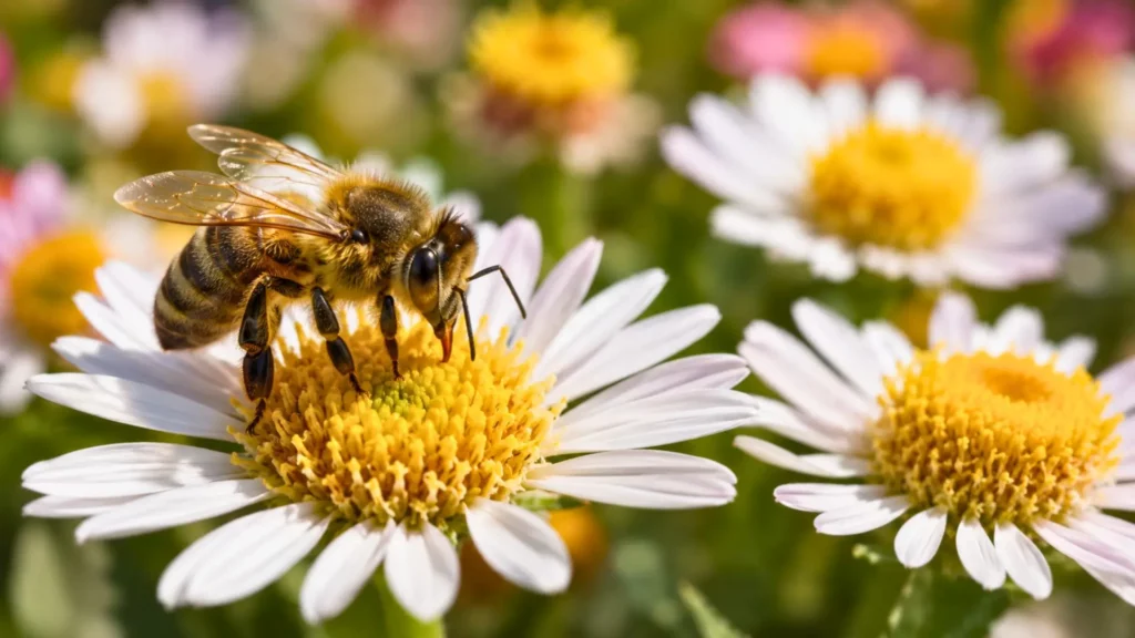 Abeille posée sur une fleur blanche aux pétales visibles dans une prairie.