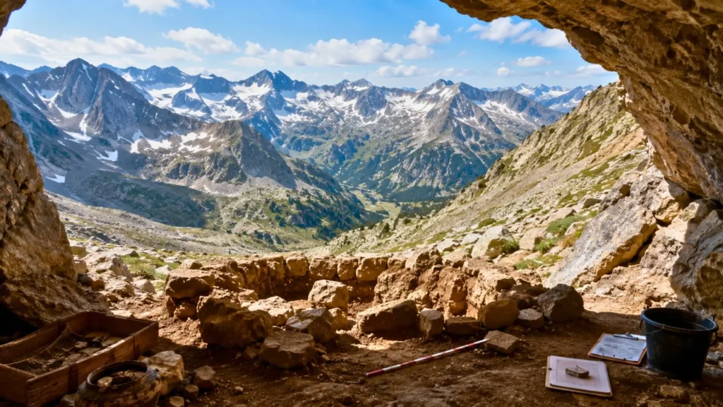 Abri rocheux pyrénéen avec traces de fouilles face aux sommets d’altitude.