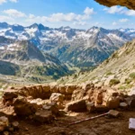 Abri rocheux pyrénéen avec traces de fouilles face aux sommets d’altitude.