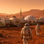 Astronautes de dos marchant vers une base martienne dans un paysage rocheux.